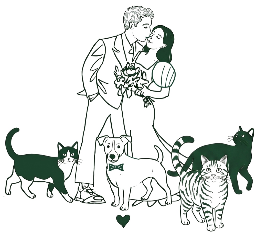 Edita y Andrés abrazados, con sus tres gatos y su perro